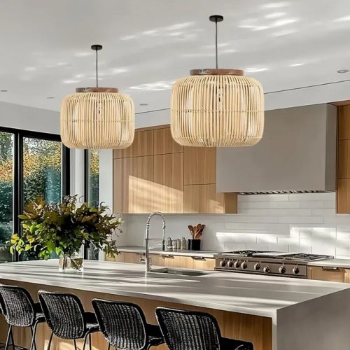 Two Rattan Pendant Light Over Kitchen Island Add A Bright, Stylish Centerpiece