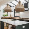 Bottom Tan Brown Rattan Pendant Light Over Island