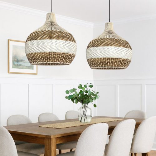 Light Brown White Rattan Pendant Light Dining Room