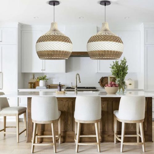 Light Brown White Rattan Pendant Light Over Island