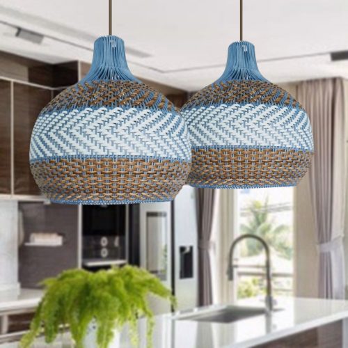 Tan Brown White Rattan Pendant Light Fixture 01