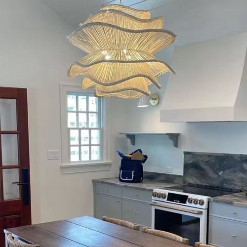 Vietnamese Flower Rattan Chandelier Beige