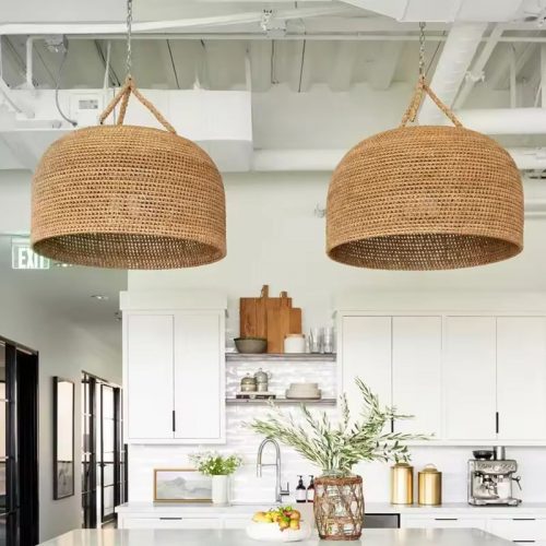 Vintage Hemp Rope Pendant Light Over Island