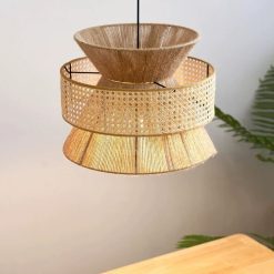 Bamboo Lampshade, Silk Fabric Rope Pendant Light