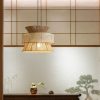 Bamboo Lampshade, Silk Fabric Rope Pendant Light