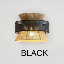 Black Bamboo Lampshade, Silk Fabric Rope Pendant Light