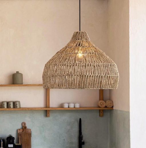 Seagrass Rope Pendant Light, Paper Rope Light Wicker Lampshade Kitchen Island Design