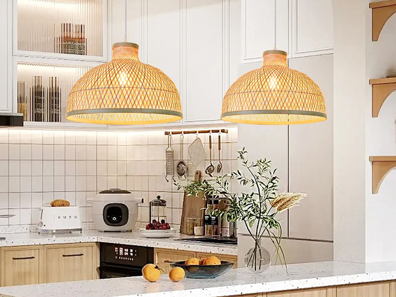 2 Bamboo Pendant Light Over Kitchen Island