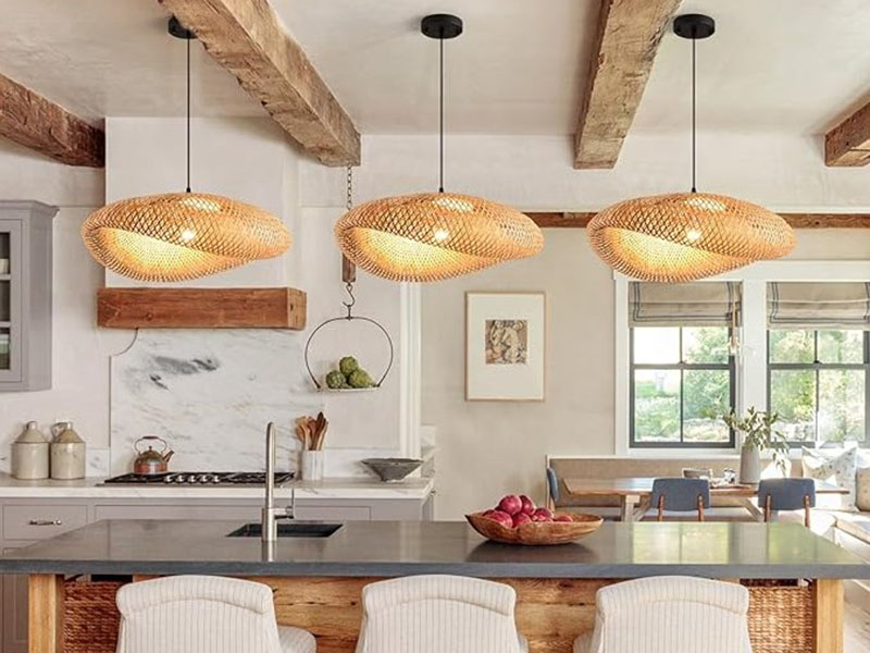 Bamboo Pendant Light Fixtures Over Kitchen Island