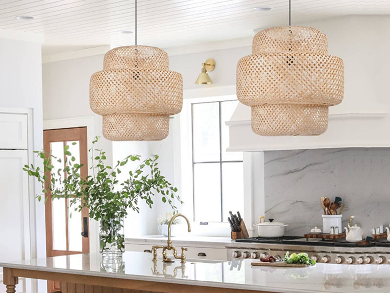 Two Bamboo Pendant Lights Over Island