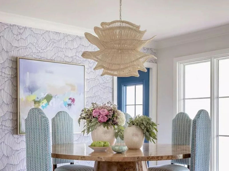 White Rattan Chandelier Dining Room