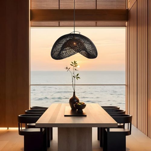 Black Rattan Cloud Pendant Light Over Dining Room Table