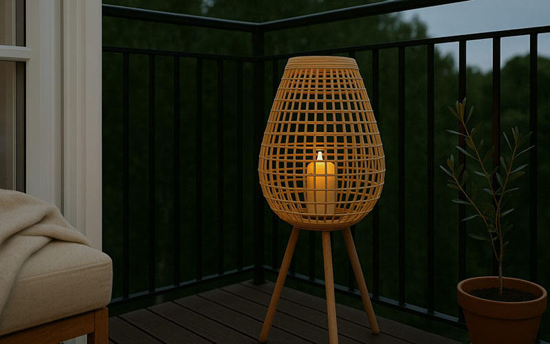 A Rattan Floor Lamp Adds A Warm Glow To The Peaceful Balcony Setting