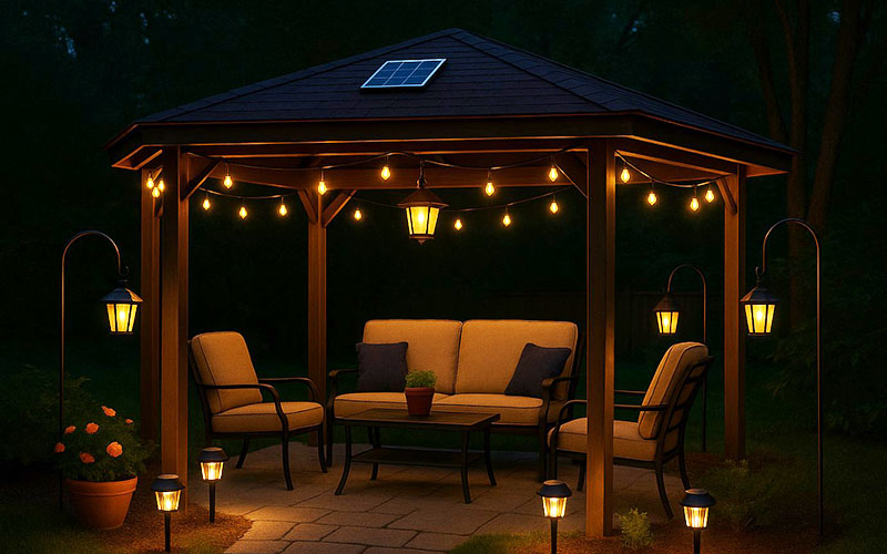 Cozy Gazebo With Solar Lighting And A Compact Solar Panel On The Roof