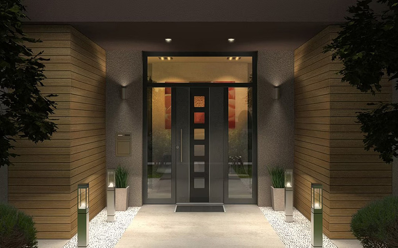 Modern Front Door Lighting With Wall, Path, And Ceiling Lights For A Stylish, Safe Entry