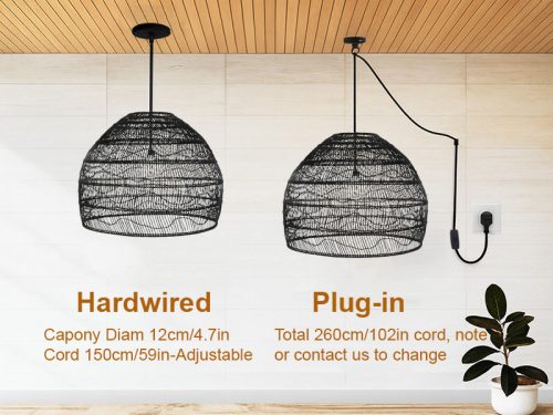 Black Rattan Cage Pendant Light Fixture Cord Options