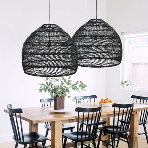 Black Rattan Cage Pendant Light Fixture Dining Room