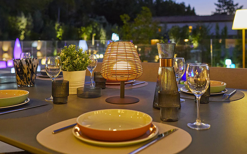Small Rattan Table Lamps Bring Warm Glow To Restaurant