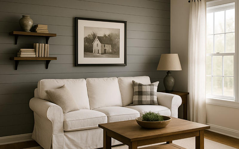 Light Grey Shiplap Adds Warmth To Farmhouse Living Rooms