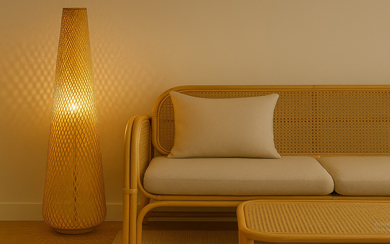 Rattan Sofas With A Tall Rattan Floor Lamp In The Corner
