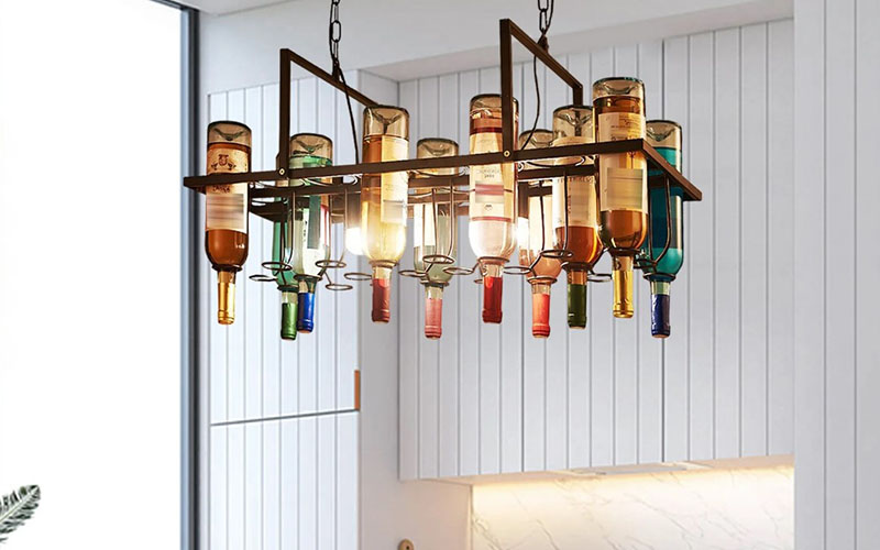 Kitchen Bar With Recycled Glass Bottle Pendants