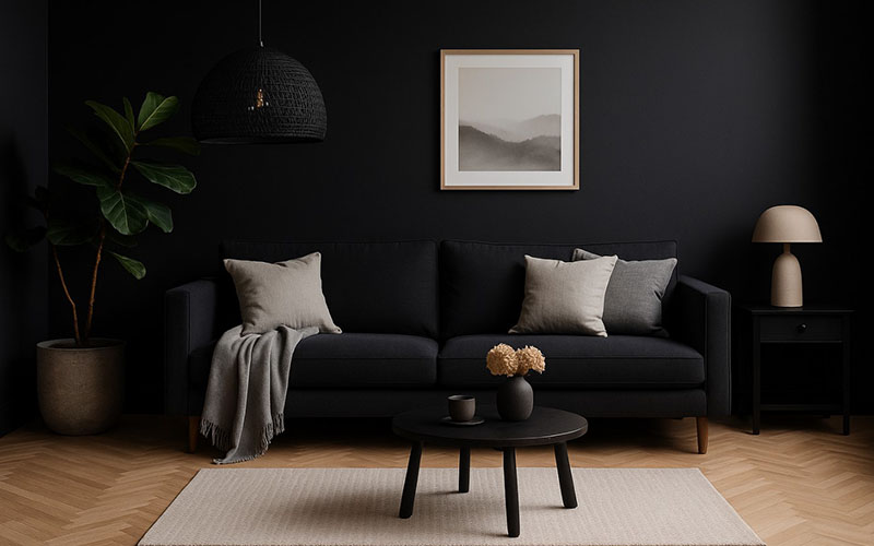 Modern Scandinavian Living Room In Black And Natural Tones