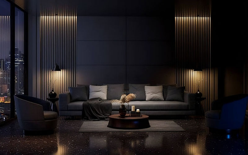 Mood Black Living Room With Soft Ambient Lighting