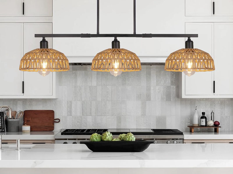 3 Light Rattan Chandelier Over Kitchen Island