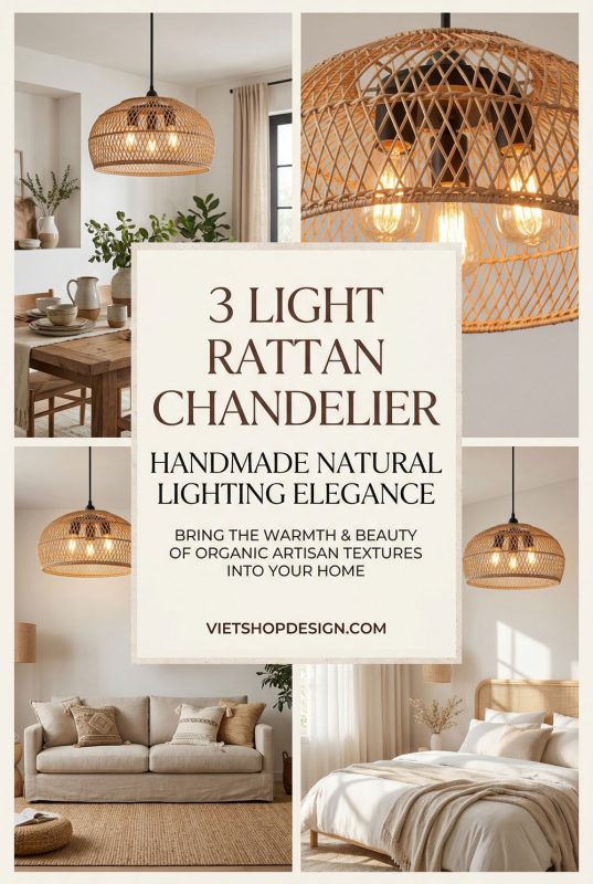 3 Light Rattan Chandelier – Handmade Natural Lighting Elegance