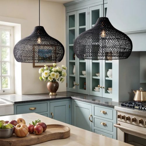 Black Kloe Rattan Pendant Light Over Kitchen Island