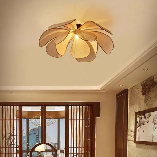 Rattan Flush Mount Light Flower Petal Lamp Dining Room