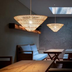 Rattan Inverted Pyramid Pendant Lights Coffee Shop