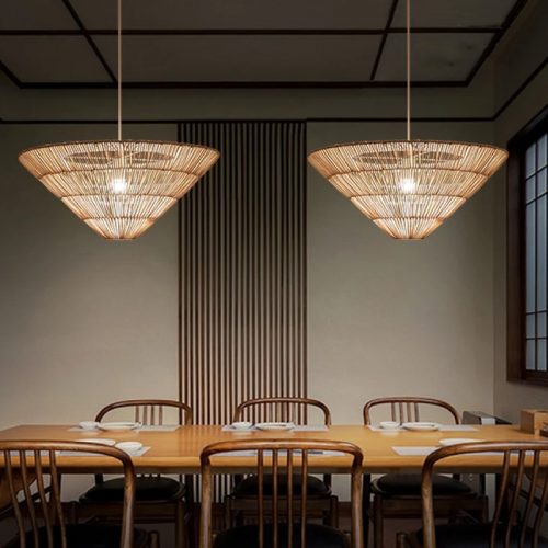 Rattan Inverted Pyramid Pendant Lights Dining Room