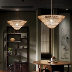 Rattan Inverted Pyramid Pendant Lights Over Table