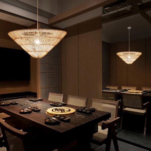 Rattan Inverted Pyramid Pendant Lights Restaurant