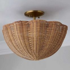Rattan Scalloped Light Wicker Bowl Chandelier Flush Mount
