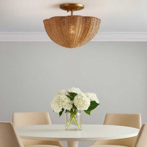 Rattan Scalloped Light Wicker Bowl Chandelier Flush Mount Dining Room