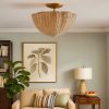 Rattan Scalloped Light Wicker Bowl Chandelier Flush Mount For Living Room