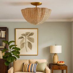 Rattan Scalloped Light Wicker Bowl Chandelier Flush Mount For Living Room