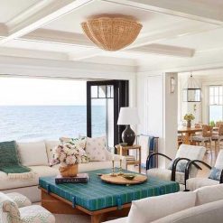 Rattan Scalloped Light Wicker Bowl Chandelier Flush Mount Living Room
