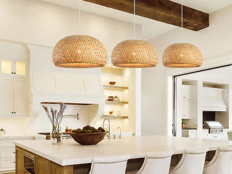 Three Bamboo Pendant Light Over Kitchen Island