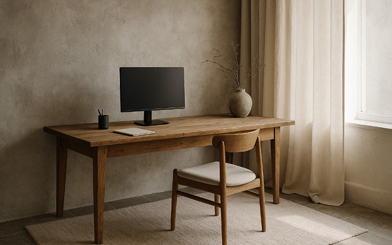 Tranquil Wabi-sabi Workspace With Natural Wood Tones