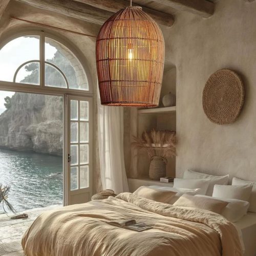 Vintage Rattan Dome Pendant Light Bedroom
