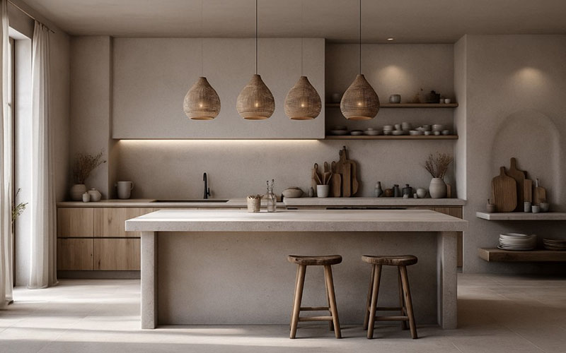 A Calm And Natural Wabi Sabi Kitchen Layout