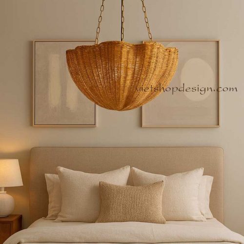 Scalloped Rattan Light Fixture Wicker Chandeliers Bedroom