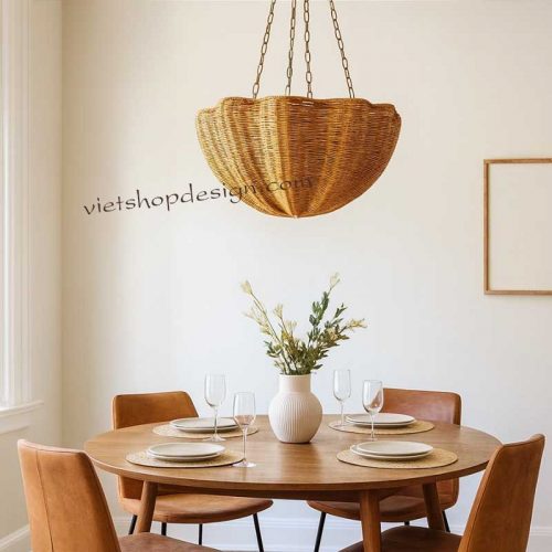 Scalloped Rattan Light Fixture Wicker Chandeliers Dining Room