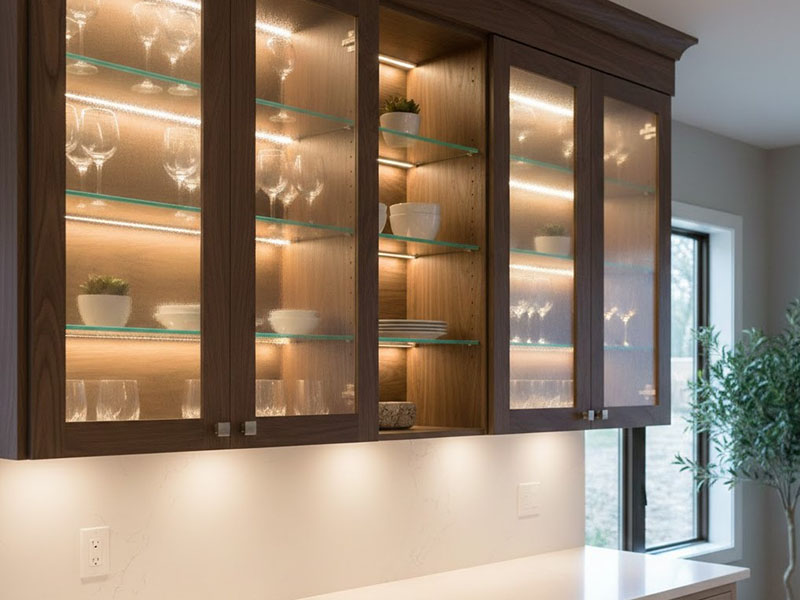 Edge-lit Glass Shelves Inside Kitchen Cabinets