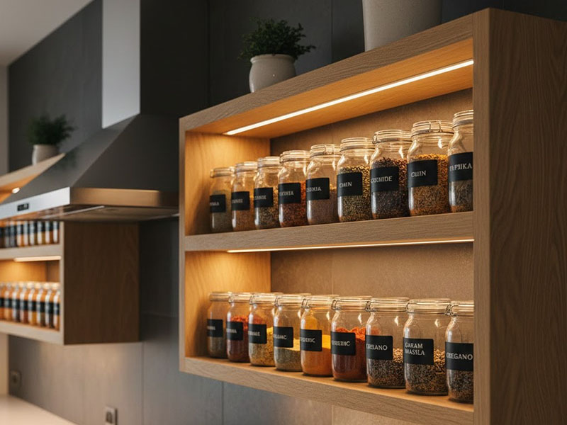 Illuminated Kitchen Spice Shelves