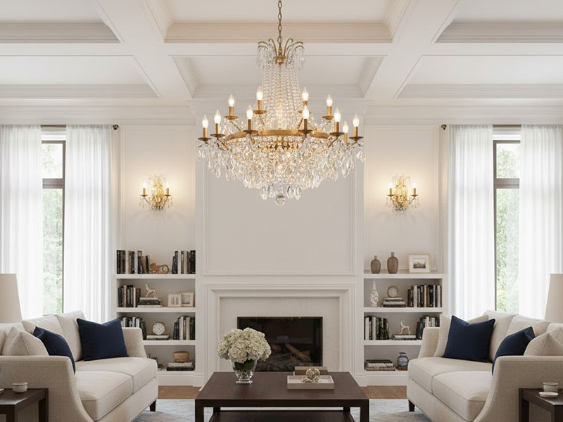 Living Room Chandelier Paired With Wall Sconces