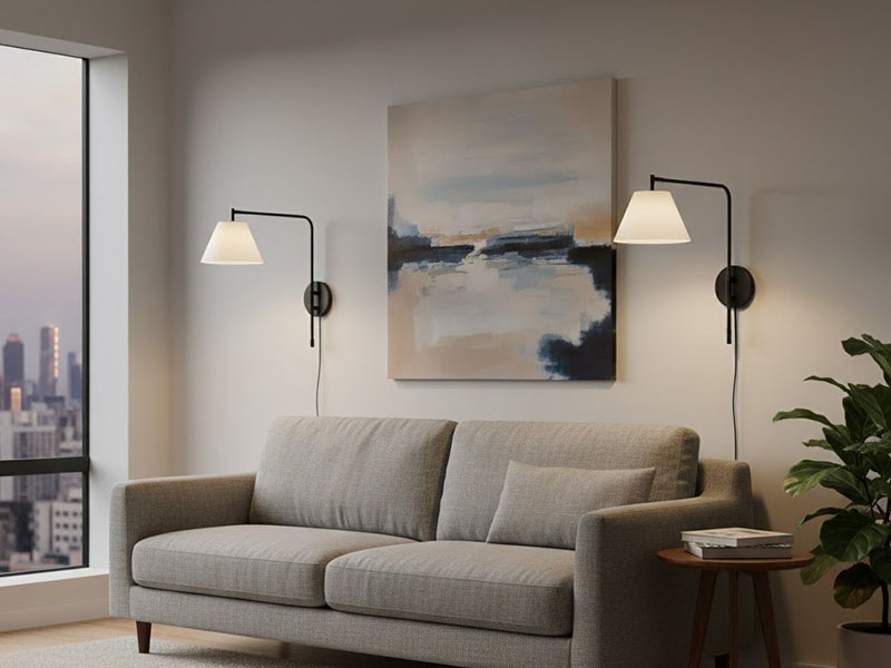 Swing-arm Wall Sconces Beside The Sofa